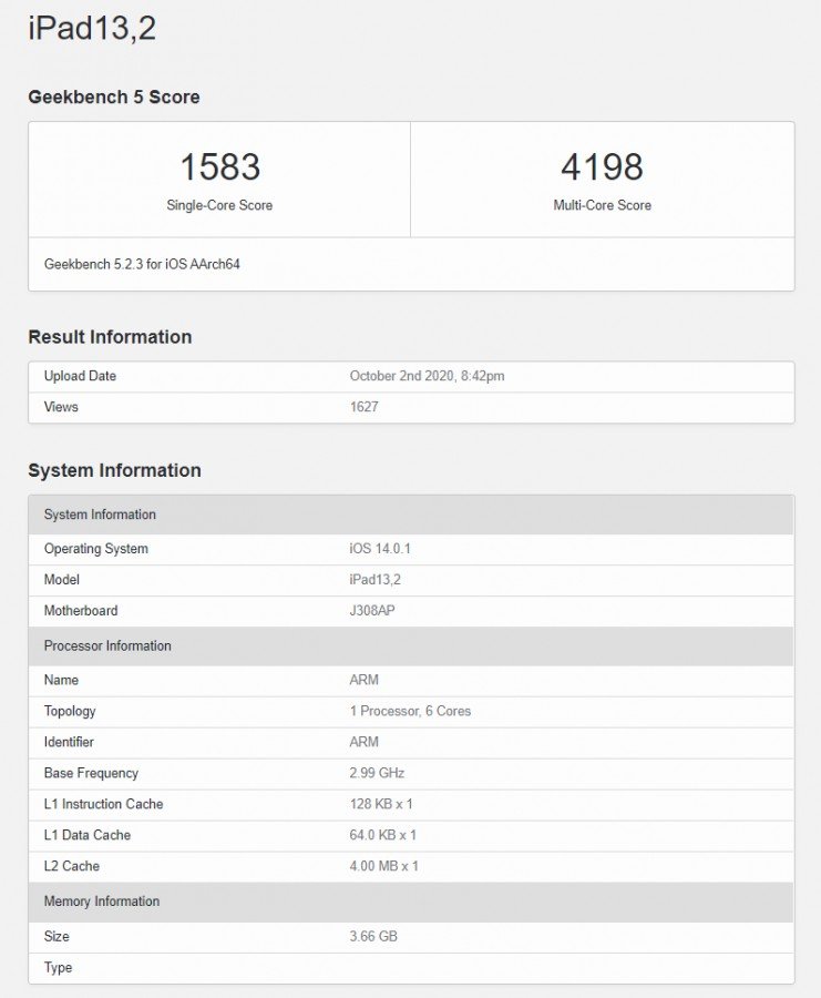 Apple A14 Geekbench Benchmarks Score